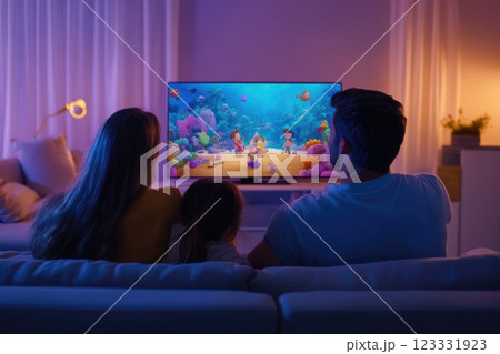 Happy family watching a cartoon on TV on sofa in living room. Happy family watching a cartoon on TV on sofa in living room. 123331923