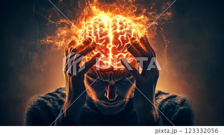 A man is depicted with his hands clutching his head, his face contorted in agony. The experience of neurological pain and destress. Generative AI. 123332056