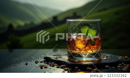Enjoying Irish whiskey against the backdrop of green hills in Ireland 123332162
