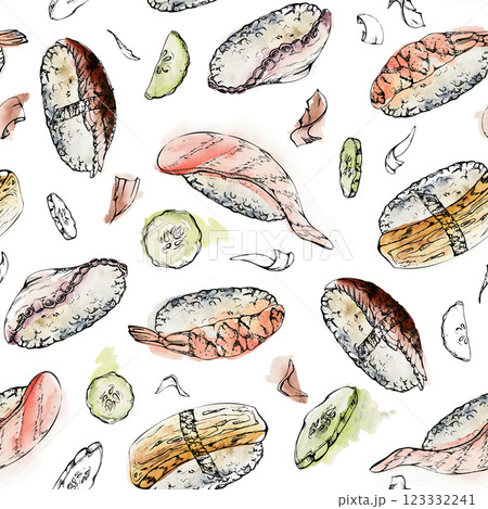 Traditional Japanese food, nigiri sushi with raw fish tuna salmon unagi shrimp, tamagoyaki tako octopus, hand drawn in watercolor, ink. Seamless pattern for restaurant, cafe menu, kitchen, recipe book Traditional Japanese food, nigiri sushi with raw fish tuna salmon unagi shrimp, tamagoyaki tako octopus, hand drawn in watercolor, ink. Seamless pattern for restaurant, cafe menu, kitchen, recipe book 123332241