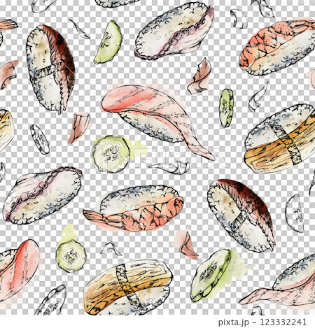 Traditional Japanese food, nigiri sushi with raw fish tuna salmon unagi shrimp, tamagoyaki tako octopus, hand drawn in watercolor, ink. Seamless pattern for restaurant, cafe menu, kitchen, recipe book Traditional Japanese food, nigiri sushi with raw fish tuna salmon unagi shrimp, tamagoyaki tako octopus, hand drawn in watercolor, ink. Seamless pattern for restaurant, cafe menu, kitchen, recipe book 123332241