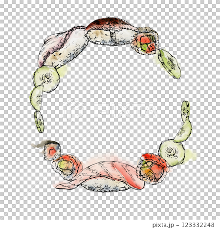 Japanese food nigiri sushi, alaska maki roll, raw fish octopus tako slice, unagi salmon sesame cucumber slices, watercolor ink hand drawn. Wreath frame for restaurant cafe menu, kitchen, recipe book 123332248
