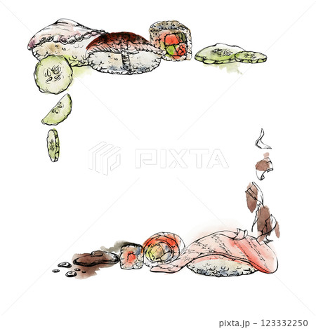 Japanese food nigiri sushi, alaska maki roll, raw fish octopus tako slice, unagi salmon sesame cucumber slices, hand drawn in watercolor, ink. Frame for restaurant, cafe menu, kitchen, recipe book Japanese food nigiri sushi, alaska maki roll, raw fish octopus tako slice, unagi salmon sesame cucumber slices, hand drawn in watercolor, ink. Frame for restaurant, cafe menu, kitchen, recipe book 123332250