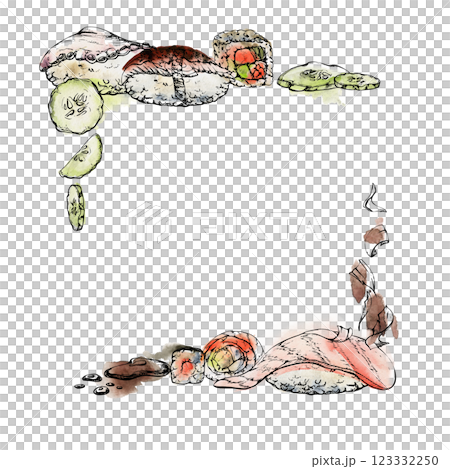 Japanese food nigiri sushi, alaska maki roll, raw fish octopus tako slice, unagi salmon sesame cucumber slices, hand drawn in watercolor, ink. Frame for restaurant, cafe menu, kitchen, recipe book Japanese food nigiri sushi, alaska maki roll, raw fish octopus tako slice, unagi salmon sesame cucumber slices, hand drawn in watercolor, ink. Frame for restaurant, cafe menu, kitchen, recipe book 123332250