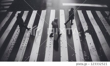 Individuals walk across a black and white striped crosswalk with puddles reflecting the sky 123332521