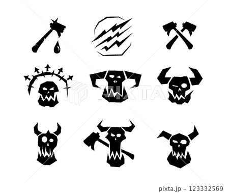 Orc icon with skull, horns, and savage design for war themes. Orc icon with skull, horns, and savage design for war themes. 123332569