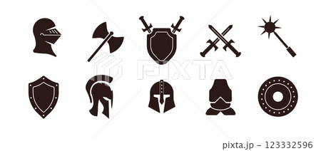 Warrior icon with helmet, sword, and shield in red and brown tones. 123332596