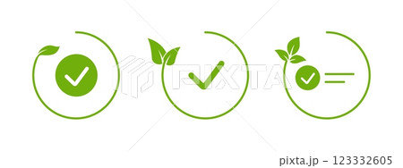 Green leaf with circular outline and check mark for eco designs. Green leaf with circular outline and check mark for eco designs. 123332605