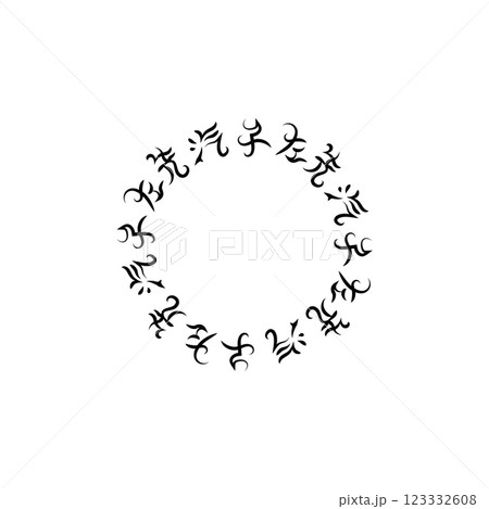 Curved black hieroglyphs in a circular abstract ornamental style. 123332608