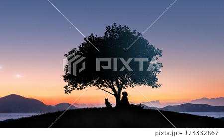 a boy with a cat watching the stars in night sky, fantasy landscape a boy with a cat watching the stars in night sky, fantasy landscape 123332867