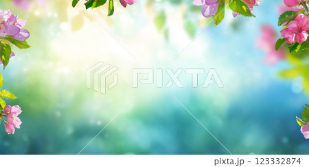 spring flowers, pink sakura blossoms branches of trees blurred, Easter background 123332874