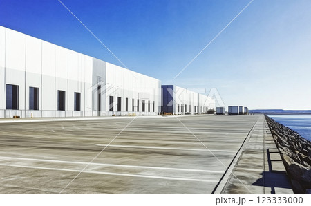 concrete parking lot and warehouse located near the sea, adjacent to a port. 123333000