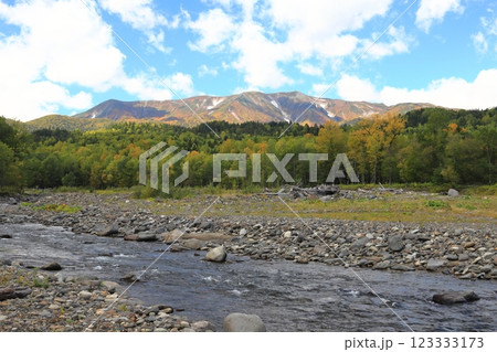 秋の北海道 石狩川源流部より望む紅葉の表大雪山の山々 秋の北海道 石狩川源流部より望む紅葉の表大雪山の山々 123333173