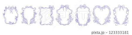 Romantic floral frame set, hand drawn wedding border collection, vector doodle ribbon bow card print 123333181