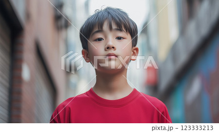 Portrait of serious Asian child on city street, kid boy standing looks at camera Portrait of serious Asian child on city street, kid boy standing looks at camera 123333213
