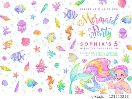 Mermaid birthday party invitation folded card vector template. 123333238