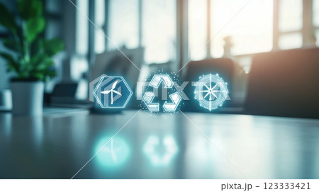 Sustainable energy solutions and recycling symbols in modern office setting. Net zero and carbon neutral concept 123333421