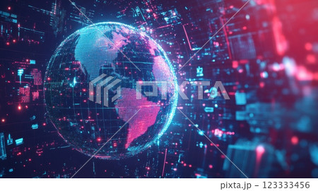 Digital futuristic globe with neon technology and data networks. Net zero and carbon neutral concept Digital futuristic globe with neon technology and data networks. Net zero and carbon neutral concept 123333456