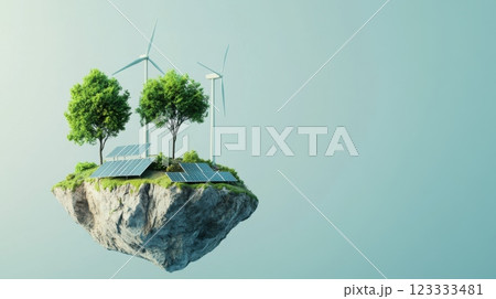 Renewable energy concept with wind turbines and solar panels on floating island. Net zero and carbon neutral concept 123333481