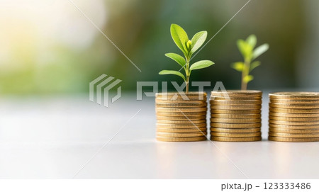 Growing investment concept with stacked coins and green plants. Net zero and carbon neutral concept 123333486