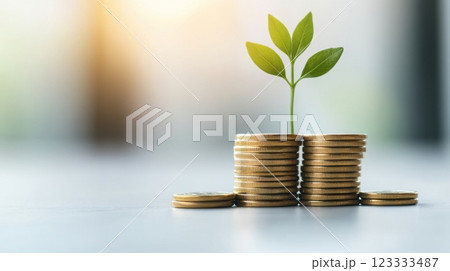 Sustainable investment growth concept with stacked coins and plant. Net zero and carbon neutral concept 123333487