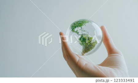 Sustainability and ecology concept with hand holding earth, green planet design for environmentally conscious initiatives. Net zero and carbon neutral concept 123333491