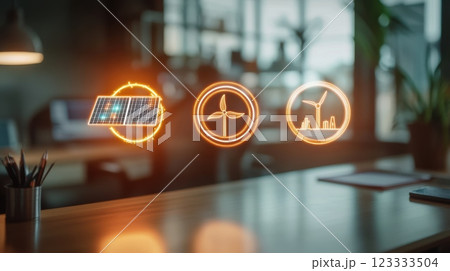 Renewable energy concept with solar panel and wind turbine icons for sustainable design. Net zero and carbon neutral concept 123333504