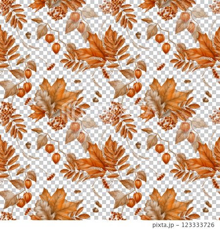 Seamless pattern of autumn maple leaves,physalis,mountain ash with oak leaves and a bunch of rowan berries.Watercolor seamless pattern on transparent background Seamless pattern of autumn maple leaves,physalis,mountain ash with oak leaves and a bunch of rowan berries.Watercolor seamless pattern on transparent background 123333726