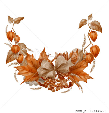 Semicircular frame autumn maple leaves,physalis,mountain ash with oak leaves and a bunch of rowan berries,double rustic bow from plaid ribbon and burlap.Watercolor clipart on transparent background Semicircular frame autumn maple leaves,physalis,mountain ash with oak leaves and a bunch of rowan berries,double rustic bow from plaid ribbon and burlap.Watercolor clipart on transparent background 123333728