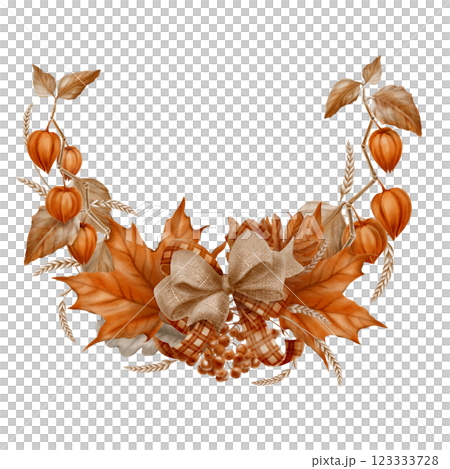 Semicircular frame autumn maple leaves,physalis,mountain ash with oak leaves and a bunch of rowan berries,double rustic bow from plaid ribbon and burlap.Watercolor clipart on transparent background Semicircular frame autumn maple leaves,physalis,mountain ash with oak leaves and a bunch of rowan berries,double rustic bow from plaid ribbon and burlap.Watercolor clipart on transparent background 123333728