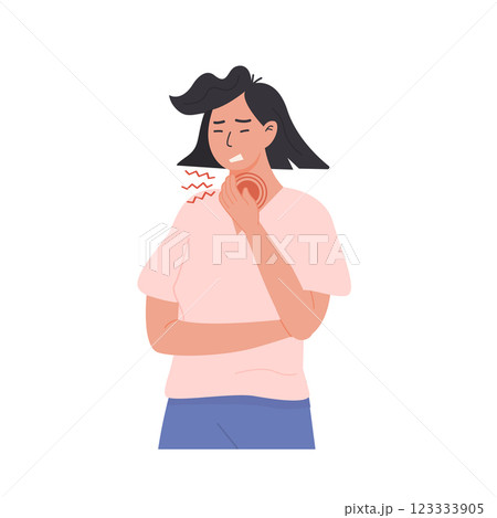 Sick young woman suffering from throat pain and holding her neck with discomfort. Unwell person with a cold and sore throat coughing. Flat Style Vector Illustration isolated on white background. 123333905