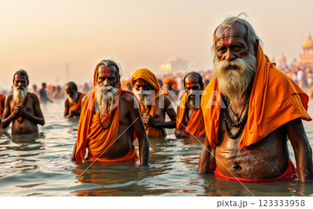 Hindu holy men praying in the Ganges River. The concept of spirituality, devotion, and sacred rituals in Hindu culture. Generative AI. 123333958