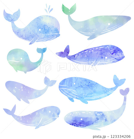 Vector set of blue watercolor silhouette of whales isolated from background. Collection of paint fishes in childish style 123334206