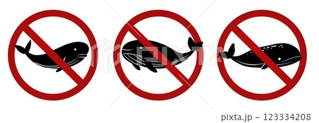 Vector set of prohibition signs with black silhouettes of whales isolated from background. Collection of prohibition signs with fish. Vector set of prohibition signs with black silhouettes of whales isolated from background. Collection of prohibition signs with fish. 123334208