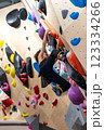 fit woman exercising on climbing wall in gym 123334266