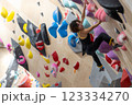 fit woman exercising on climbing wall in gym 123334270