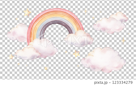 Hand drawn watercolor illustration of the stars and clouds for Baby shower invitations or nursery wall art. Drawing sky with Rainbow for conveying a dreamy, mystical atmosphere for kids greeting cards Hand drawn watercolor illustration of the stars and clouds for Baby shower invitations or nursery wall art. Drawing sky with Rainbow for conveying a dreamy, mystical atmosphere for kids greeting cards 123334279