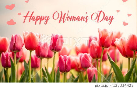 Happy Women's Day greeting card with pink tulips, floral background, romantic hearts, spring holiday, festive web banner, bright flowers, beautiful nature, celebration, feminine design Happy Women's Day greeting card with pink tulips, floral background, romantic hearts, spring holiday, festive web banner, bright flowers, beautiful nature, celebration, feminine design 123334425