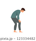 Illustration of a man holding his knee in pain, depicting knee injury, joint pain, arthritis, or medical issues. Suitable for healthcare, sports, and medical concepts. 123334482