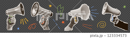 Sat of various Hands holding Loudspeakers - torn out paper sticker for collage . Retro megaphone with textured hand drawn pencil doodles. Vector halftone illustration Grunge punk elements collection. 123334573