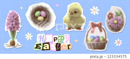 Halftone collage paper stickers set with rabbit bunny, nest with eggs, feather and spring flower in retro grunge punk dotted texture vintage y2k style. Vector element for mixed media design 123334575