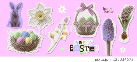 Happy Easter concept sticker template design set with bunny rabbit retro lettering text vintage halftone grunge punk dotted texture. Torn put paper collage element for card black dots pop art style 123334578