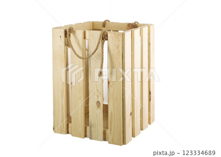 Wooden box on a white background. Big box with handle rope 123334689
