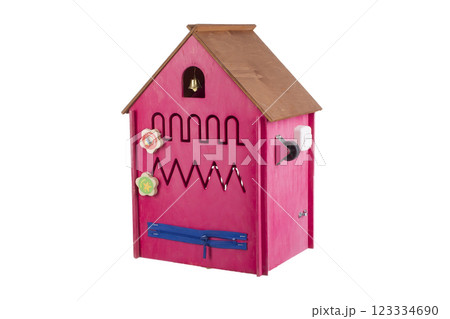 Educational wooden toy on a white background.Toy wooden house 123334690