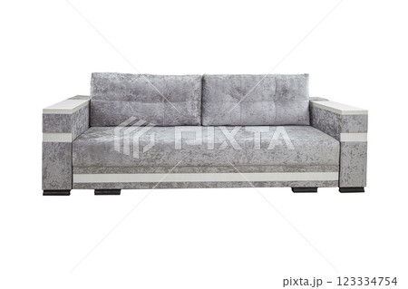 Gray sofa with velor fabric pillows isolated on a white background. Cushioned furniture. 123334754