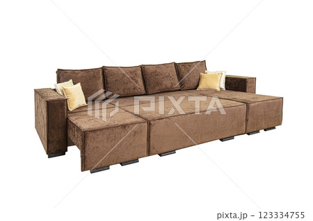 Brown unfolded sofa with velor fabric pillows isolated on a white background. Cushioned furniture. 123334755