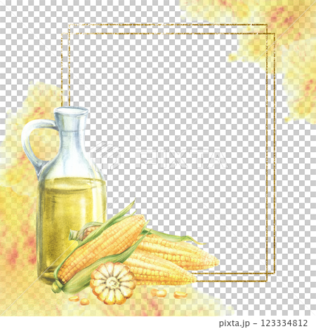 Glass bottle and corn oil gold framed on watercolor yellow splashes spotted background. Fresh sweetcorn, maize cob whole, cut cobs and kernels. Hand drawn illustration isolated from background 123334812