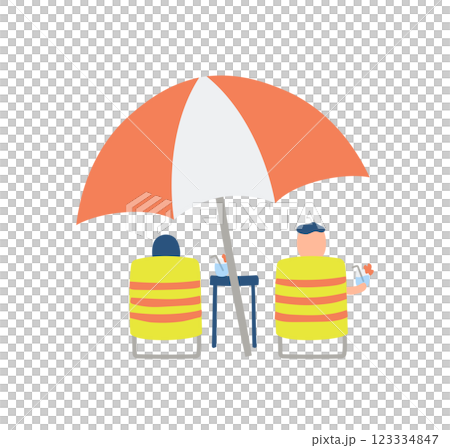 Illustration of a couple relaxing under a beach umbrella 123334847