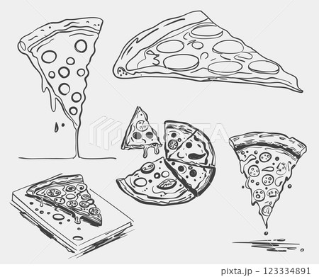 A black and white drawing set of a pizza with slices missing. Vector collection. 123334891