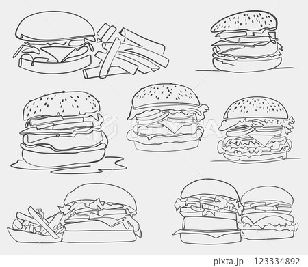 A black and white drawing of a hamburger set on a white background. Vector collection. 123334892